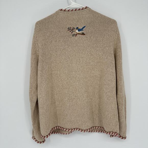 Breckenridge Cardigan Sweater Womens Medium Tan Button Embroidered Birds Beaded - Picture 9 of 11